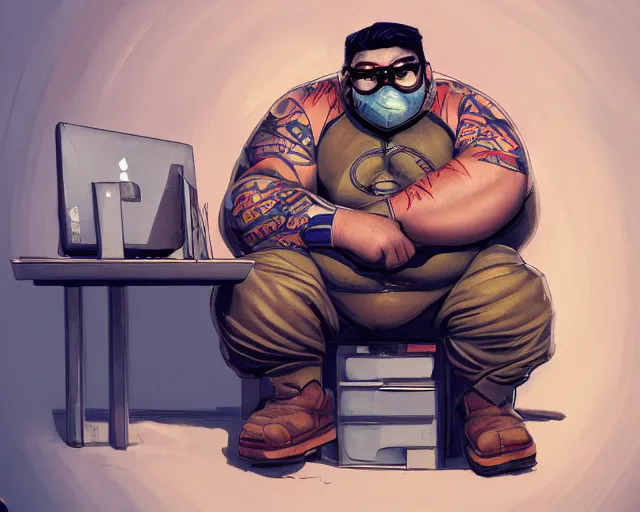 Image similar to an insanely detailed painting of a slightly chubby, nerdy asian man wearing a superhero costume and mask, sitting at a desk, staring at the nervously at the computer and typing, in the style of peter mohrbacher, dramatic lighting and composition, octane render, trending on artstation, concept art, comic book, view from behind