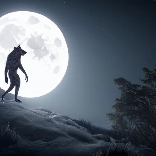 Image similar to young man transforming into a feral werewolf under the moon with black soft realistic fur, ultra detail, unreal engine, 8 k
