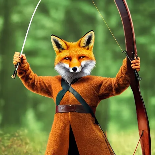 Prompt: Robin Hood as an Anthropomorphic Red Fox holding a Crossbow photograph in the style of Annie Leibovitz, photorealistic