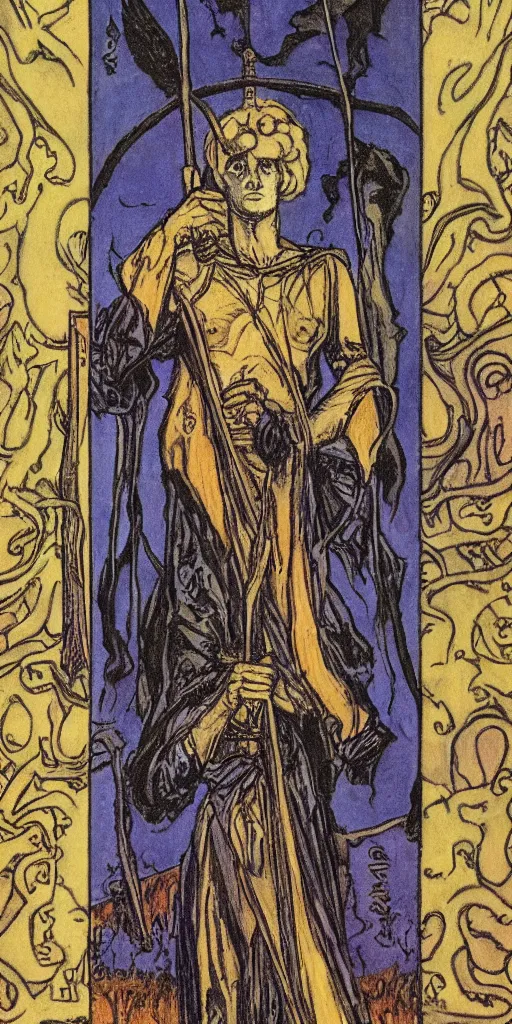 Prompt: knight of wands tarot card by austin osman spare