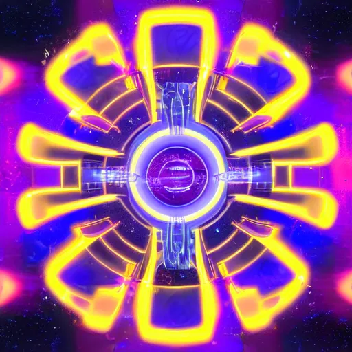 Prompt: alien spaceship perfectly centered in a futuristic data analysis card, high resolution, high contrast, colors: yellow, violet, blue, red, orange, volumetric light, Anime style, mecha, insanely detailed symbols in the frame.