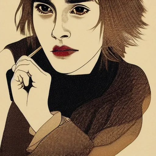 Image similar to “ emma watson portrait by ikenaga yasunari and ayana otake and ko rakusui, 6 0 s poster, drawing, realistic, sharp focus, japanese, dreamy, nostalgia, faded, golden hues, floral clothes ”