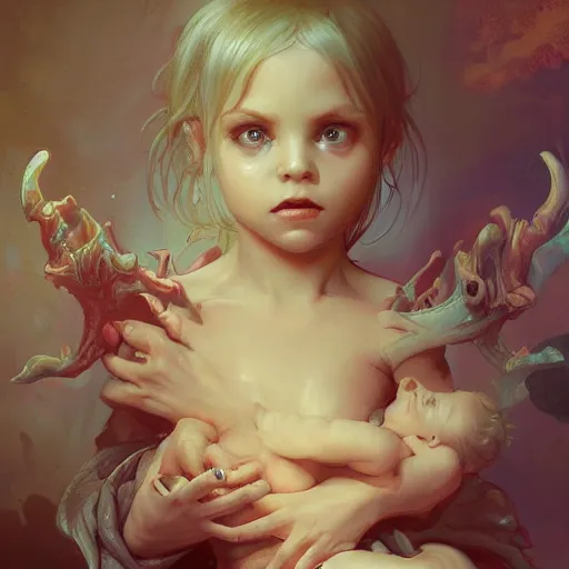 Image similar to cute baby demon in hell, intricate, highly detailed, digital painting, artstation, concept art, smooth, sharp focus, illustration, Unreal Engine 5, 8K, art by artgerm and greg rutkowski and alphonse mucha