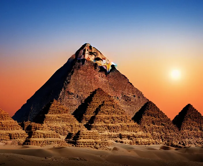 Image similar to 4 k hd, high detail photograph of egyptian pyramids at sunset, shot with sigma f / 4. 2, 2 5 0 mm sharp lens, wide shot, consistent, volumetric lighting, high level texture render