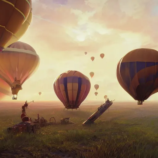Image similar to two hot air balloons armed with cannons having an air battle, art by artgerm and greg rutkowski and alphonse mucha, concept art, octane render, unreal engine 5, highly detailed, high quality, 8 k, soft lighting, realistic face, path traced