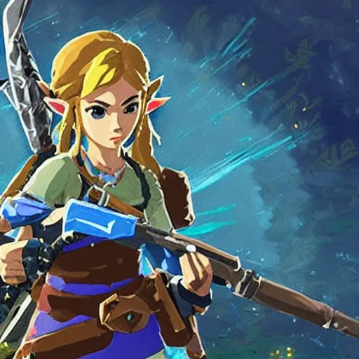 Image similar to zelda from breath of the wild holding a gun