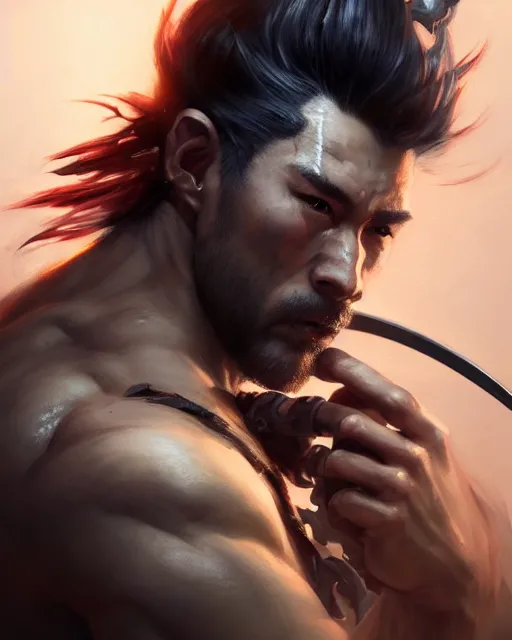 Image similar to face portrait of a handsome and ripped ronin, masculine features, short messy hair, wielding a katana, wearing a haori, by wlop and peter mohrbacher, dramatic action pose, extremely detailed shading, concept art, digital painting, trending on artstation, unreal engine 5, octane render, atmosphere, glow, cinematic lighting, full of color