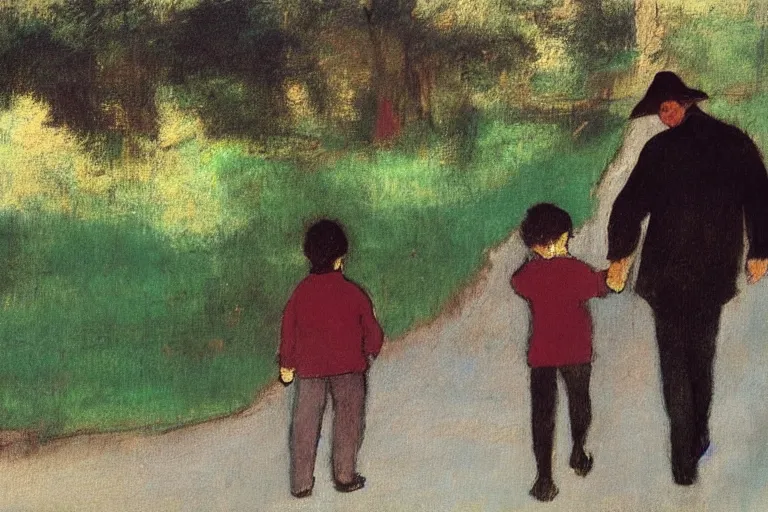 Image similar to a man with dark hair holding the hands of a young boy with dark hair as they walk down a suburban highway on a bright beautiful colorful day. in the style of an edgar degas painting.