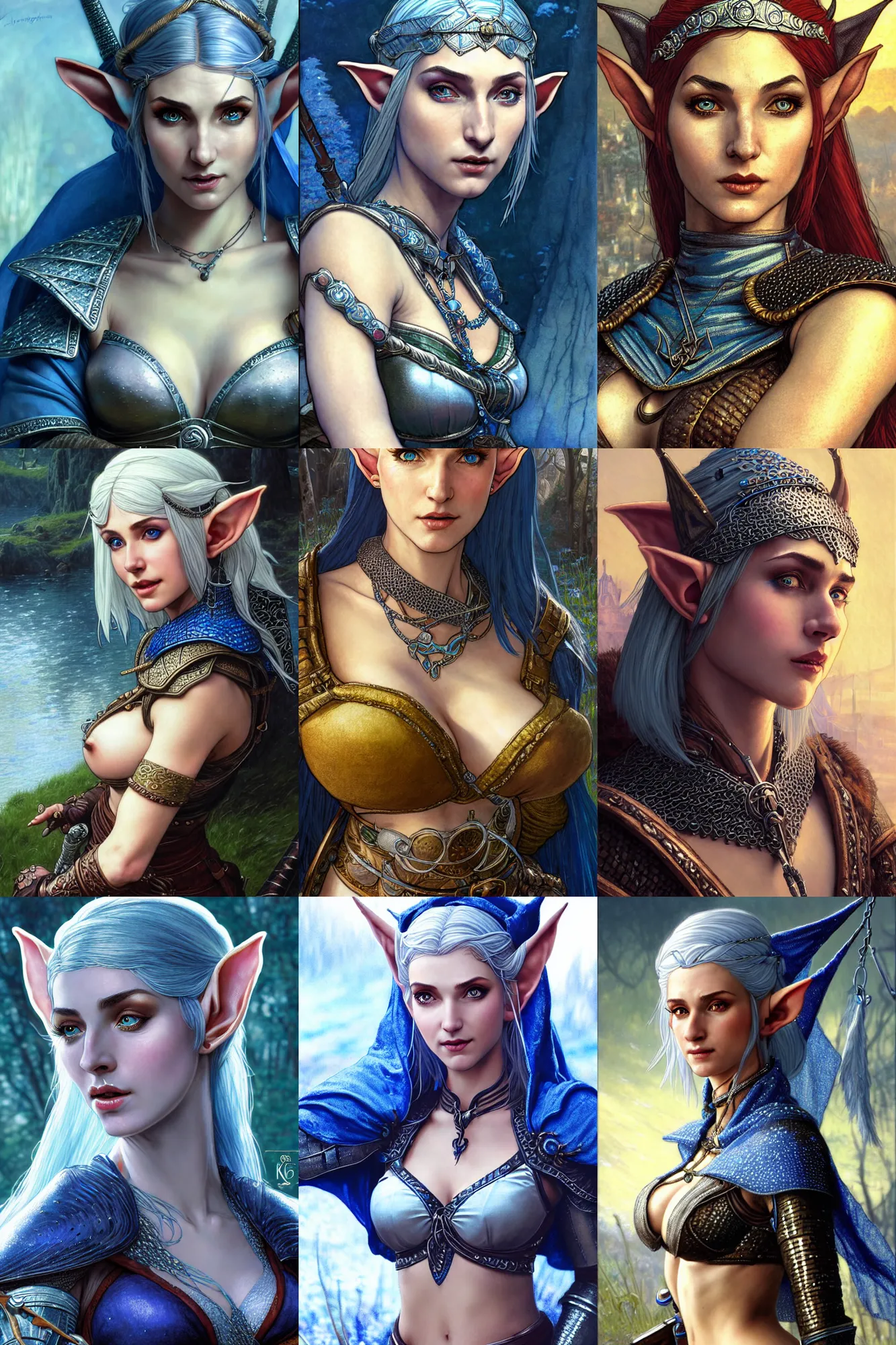 Image similar to alluring highly detailed matte close-up portrait of beautiful elf Shani (from Witcher 3) wearing chesty chainmail bikini and a blue cloak, very detailed, realistic, manga, pen and ink, by Stanley Artgerm Lau, greg rutkowski, thomas kindkade, alphonse mucha, loish, norman rockwell J.