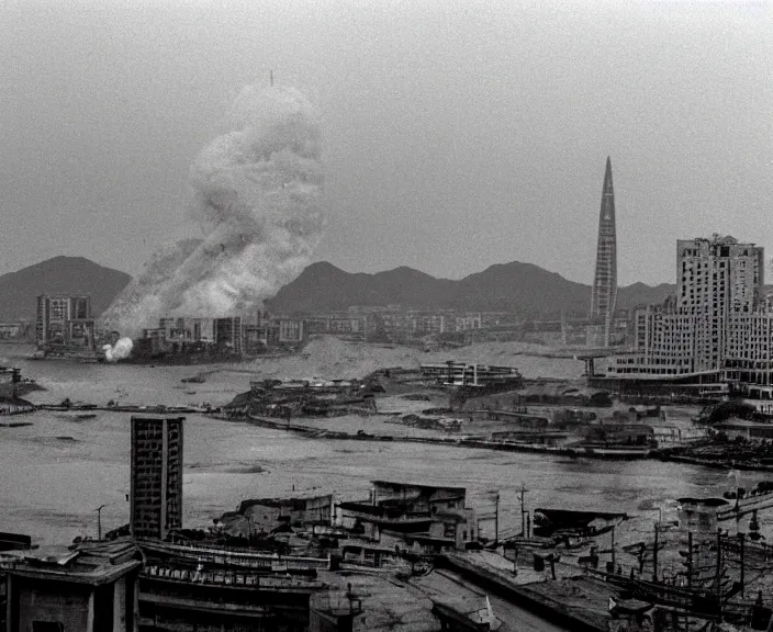 Image similar to Pulgasari the North Korean starfish monster destroying Pyongyang city, volumetric lighting, filmstill, produced by Kim Jong-il, Kodachrome, kaiju-eiga, monster movie, communist propaganda, film noir, 35mm film grain, Cooke Varotal 20-100mm T3.1, in the style of Ishirō Honda and Stanley Kubrick