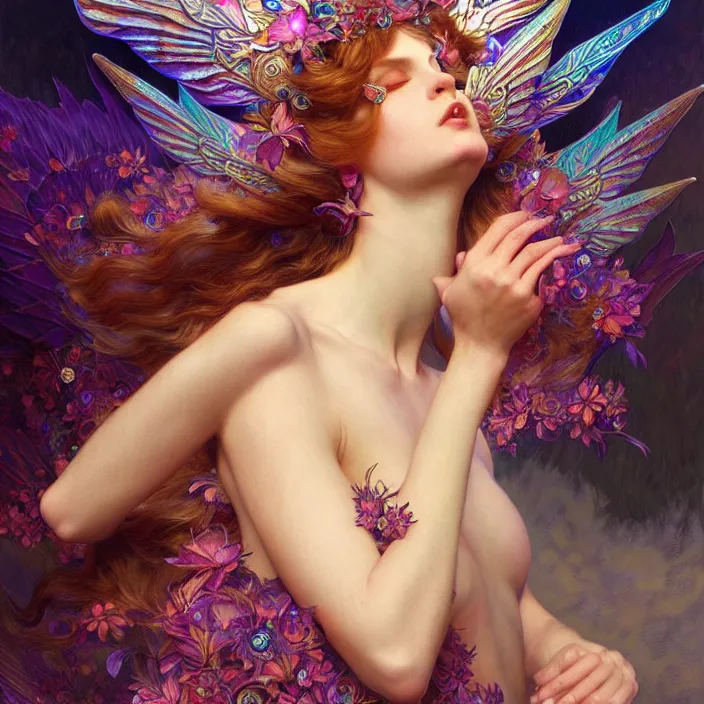 Prompt: psychedelic wings, diffuse lighting, fantasy, intricate, elegant, highly detailed, lifelike, photorealistic, digital painting, artstation, illustration, concept art, smooth, sharp focus, art by John Collier and Albert Aublet and Krenz Cushart and Artem Demura and Alphonse Mucha