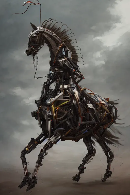 Image similar to 3 quarter view photography portrait of a biomechanical stalion horse illustrated by greg rutkowski and Akira Saito and Peter mohrbacher, boston dynamics, 4k,