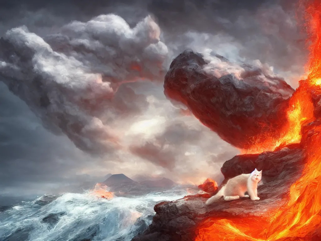 Prompt: a white fluffy cat surfing on lava, muscular, erupting volcano, stunning scene, 8 k, extremely detailed digital painting, depth, bright colors, trending on artstation