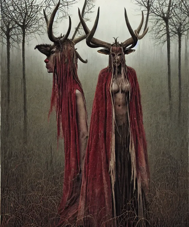 Image similar to a detailed horned antelopewoman stands among the swamps. wearing a ripped mantle, robe. perfect faces, extremely high details, realistic, fantasy art, solo, masterpiece, art by hermann nitsch, zdzislaw beksinski, dariusz zawadzki, giger, dragan bibin
