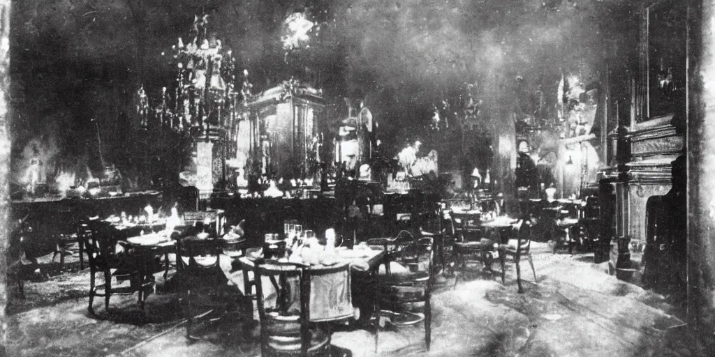 Prompt: the interior of a luxury restaurant that is burning while odd monsters appear in the background, 1 9 0 0 s photograph