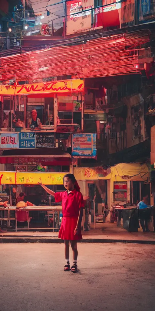 Prompt: movie still of a school girl at an outdoor noodle stand, hyper realism, rack focus, close establishing shot, empty street, monochromatic, red neon, soft dramatic lighting, 4 k digital camera