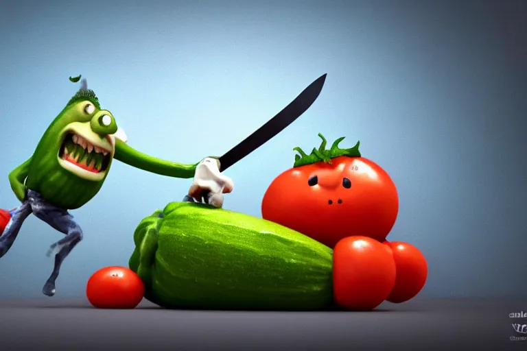 Image similar to detailed 3 d render of a mad zucchini with a bloody sword in his hand, running down a winded road chasing after a group of scared tomatoes, hyper realistic octane render, dramatic lighting, high speed chase, wide angle, nightmare, surrealism, pixar, disney, cartoon