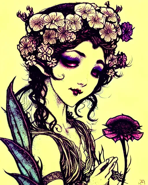 Prompt: burlesque elf, flowers in hair, fantasy character portrait, soft clouds, floral sunset, ultra realistic, concept art, intricate details, art nouveau, japanese woodblock, cinematic, highly detailed by arthur rackham