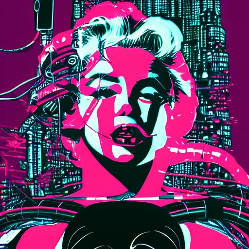 Image similar to Illustrated by Shepard Fairey and H.R. Geiger | Cyberpunk Marilyn Monroe with VR helmet, surrounded by cables