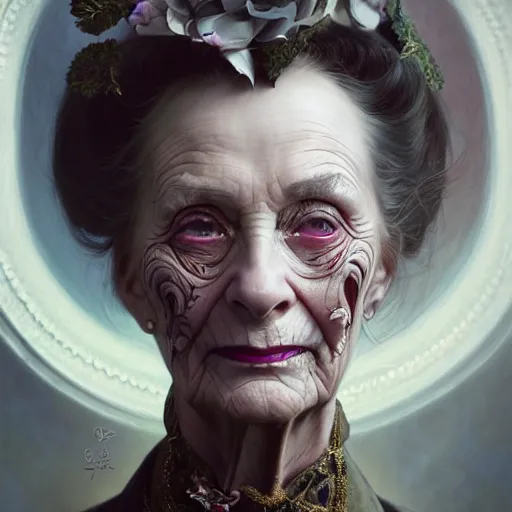 Image similar to portrait painting of an extremely fancy elderly woman with a devious expression, gaslamp fantasy, victorian, ultra realistic, concept art, intricate details, eerie, highly detailed, photorealistic, octane render, 8 k, unreal engine. art by artgerm and greg rutkowski and charlie bowater and magali villeneuve and alphonse mucha