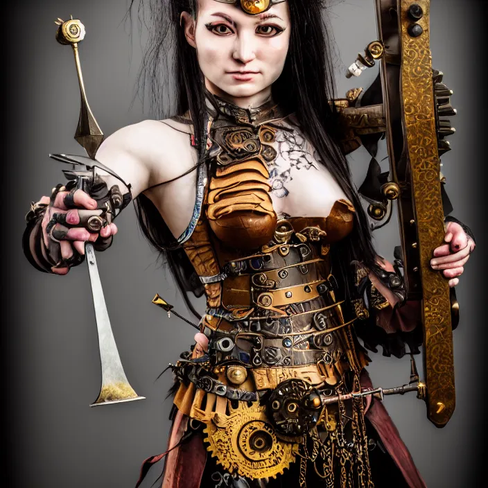 Image similar to full body photograph of a real - life very beautiful clockpunk warrior. extremely detailed. dslr. 8 5 mm.