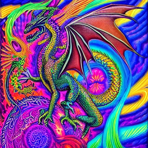 Prompt: a painting of a dragon with a psychedelic look, a detailed painting by lisa frank and alex grey, reddit contest winner, psychedelic art, detailed painting, psychedelic, ( ( pointilism ) ), made of crystals