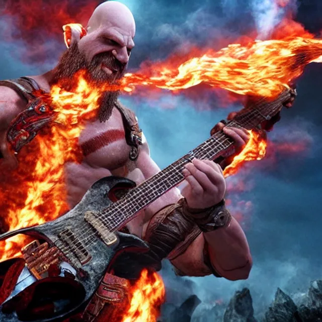 Image similar to kratos rocking out on a flaming stratocaster guitar, cinematic render, god of war 2 0 1 8, playstation studios official media