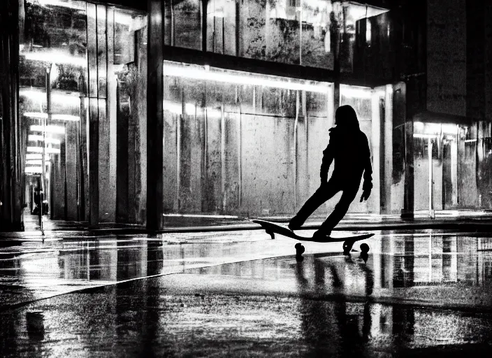 Image similar to a silhouetted person with long, flowing hair skateboards through an empty brutalist city in the rain, colored gel lighting, reflective surfaces, midnight, portra, film grain, high contrast, hyperdetailed, chromatic aberration, reminiscent of blade runner, dynamic pose