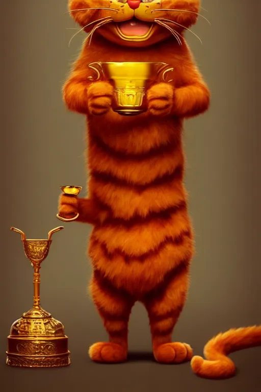 Image similar to fullbody!! personification of garfield the cat garfield god holding a blood chalice, stunning, garfield cat face, hyperrealistic, trending on artstation, smooth and sharp, intricate, highly detailed, elegant, professional character concept art by tatyana kupriyanova