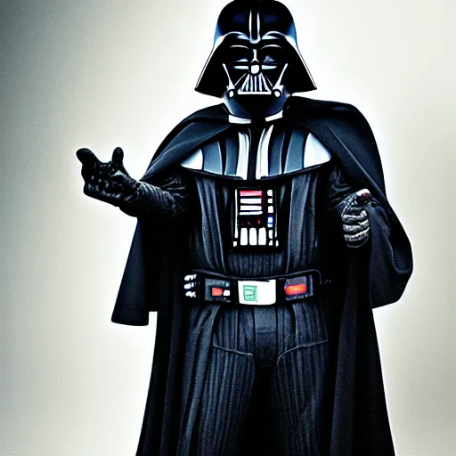 Prompt: bernie sanders wearing darth vader costume. photo portrait by Annie Leibowitz