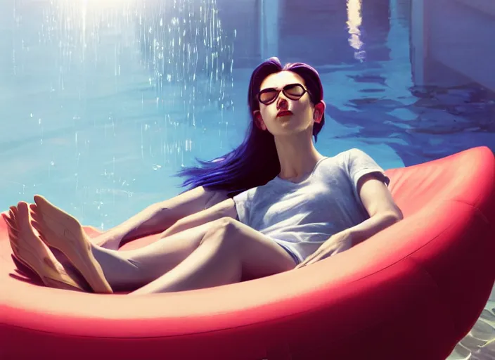 Image similar to closeup portrait of widowmaker relaxing in jeans and a t - shirt on a floating pool chair, sunny, bright, reflections, intricate, sharp focus, lens flare, bloom, illustration, highly detailed, digital painting, concept art, matte, art by ruan jia and wlop and greg rutkowski, masterpiece