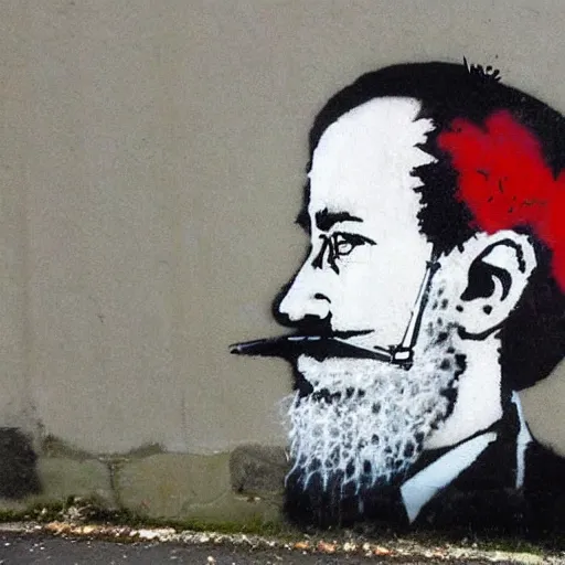 Image similar to banksy bearded graffiti, real life, sharp focus