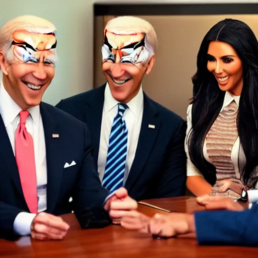 Image similar to stock photo of kim kardashian, joe biden, and bill gates wearing suits and ties laughing in an office building, 8k resolution, full HD, cinematic lighting, award winning, anatomically correct