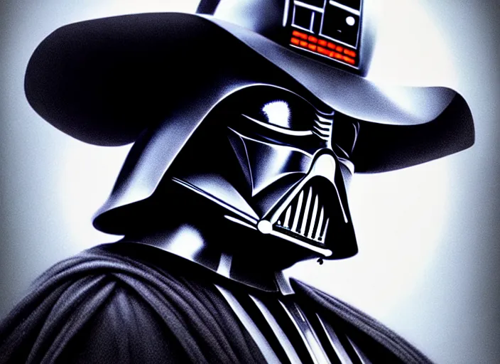 Prompt: darth - vader!!! portrait shot of white!! darth vader wearing a cowboy hat, intricate, elegant, highly detailed, centered, digital painting, artstation, concept art, smooth, sharp focus, illustration, artgerm, tomasz alen kopera, peter mohrbacher, donato giancola, joseph christian leyendecker, wlop, boris vallejo