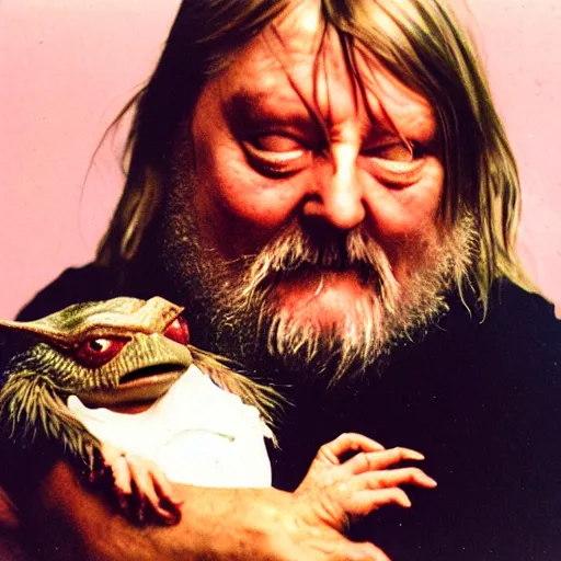 Prompt: robert wyatt cradling an angry gremlin like a baby, photograph