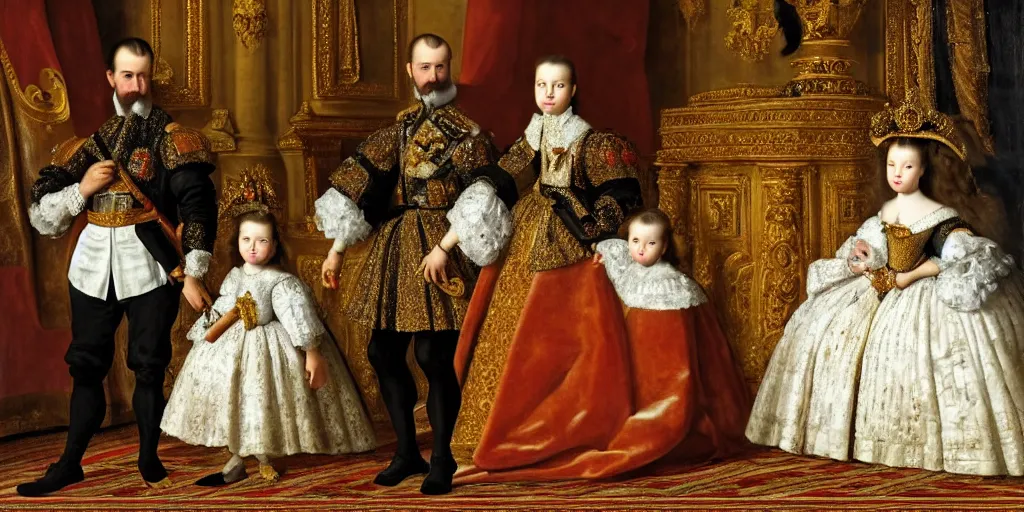 Prompt: A Spanish King with his queen and one young daughter, inside the morning room of their palace, a Yorkshire Terrier is at the arms of the king, very detailed, intricate, smooth, 8 k masterpiece, as painted by Velasquez