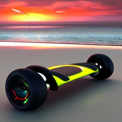 Image similar to concpet art featuring a futuristic ferrari themed hoverboard sitting at the beach during sunset. fine detail. surf. this 4 k hd image is trending on artstation, featured on behance, well - rendered, extra crisp, features intricate detail, epic composition and the style of unreal engine.