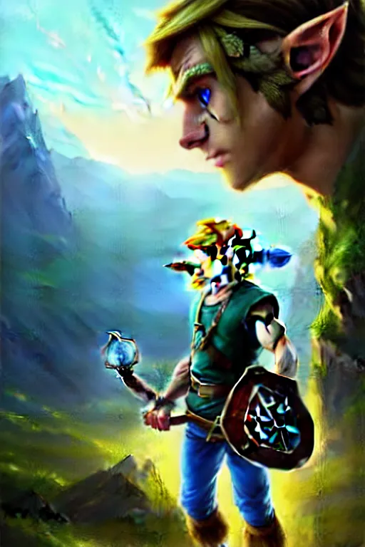 Prompt: cinematic shot of an epic portrait of link from zelda playing hes ocarina, shiny skin, beautiful eyes, beautiful, small details, night setting, realistic poster with volumetric light from craig mallism, artgerm, jeremy lipkin and michael garmash, unreal engine, radiant light, detailed and complex environment, digital art, trends at art station, a masterpiece