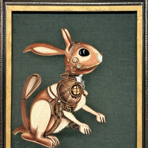 Image similar to steampunk animatronic in the shape of a rabbit, japanese painting