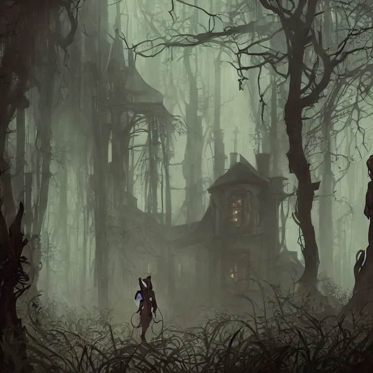 Image similar to a lone figure standing in front of a haunted victorian house in a dense dark forest, concept art, by Peter Mohrbacher and Alphonse Mucha, detailed, style, 8k, trending on artstation, unreal engine 4k, detailed, clean background trending, full shot, symmetrical portrait, sophisticated, Unreal engine, dystopia, anti-utopia, post processing, psychadelic