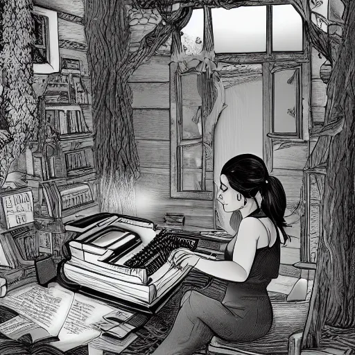 Prompt: a brown female author writing a book on a typewriter in an eerie cottage in the woods, detailed digital art, trending on artstation, realistic! 8k, anatomically correct