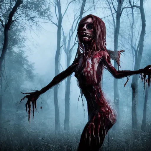 Image similar to A realistic detailed photo of a creepy witch, blood, exploded belly, red eyes, destroyed body, dead skin, dead trees, detailed body, teeth filled with cavities, foggy landscape, creepy, light particles, detailed light, realistic shaders, trending on artisation, detailed textures, detailed, realistic.