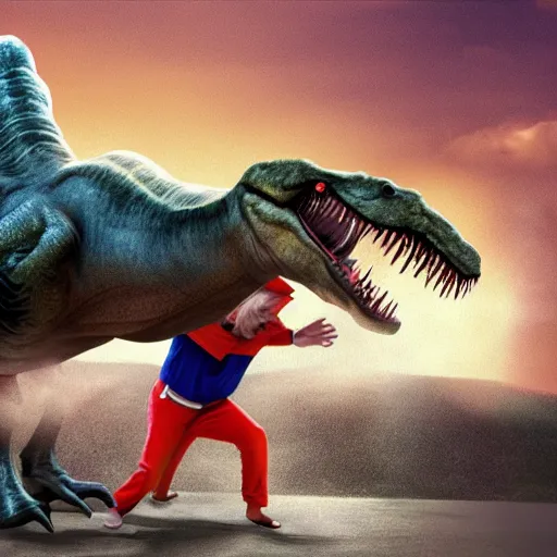 Prompt: Jesus and Donald Trump fighting off a T-Rex, 4k