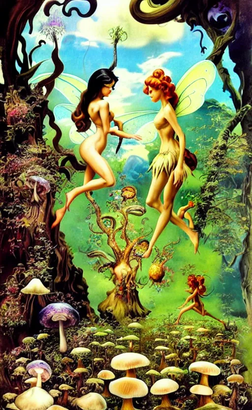 Image similar to fairies with detailed faces and true anatomy, enchanted forest, mushrooms on the ground, psychedelic, wide angle shot, white background, vector art, illustration by frank frazetta and salvador dali