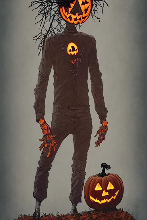 Prompt: a scarecrow with jack - o - lantern head, full body, big two toned eyes, halloween, horror, intricate details, cinematic, epic, realistic, anatomy, tomer hanuka, uplight, artstation, photorealistic, scary