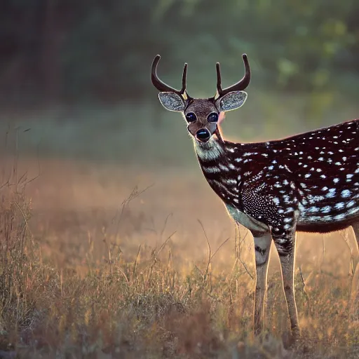 Image similar to a beautiful spotted deer in the woods lit by the morning sky, sunrise, chital, photorealistic, by annie leibovitz and steve mccurry, natural light, canon eos c 3 0 0, ƒ 1. 8, 3 5 mm, 8 k, medium - format print