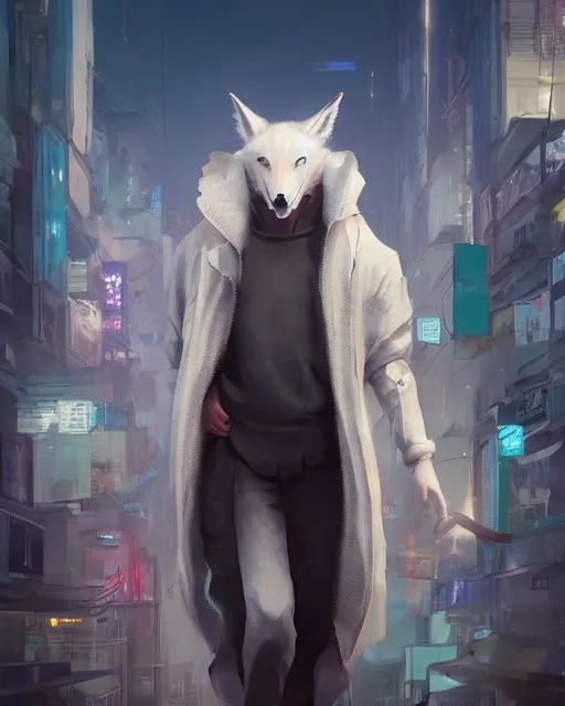 Image similar to a beautiful portrait of a handsome male anthropomorph white wolf wearing a hoodie in cyberpunk city. character design by cory loftis, fenghua zhong, ryohei hase, ismail inceoglu and ruan jia. artstation, volumetric light, detailed, photorealistic, rendered in octane