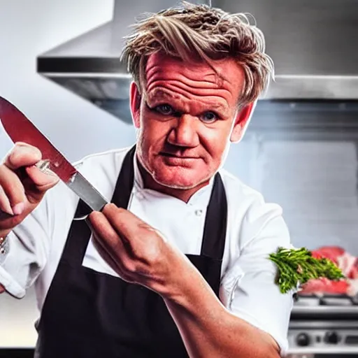 Image similar to gordon ramsey holding knife, famous chef gordon ramsey, angry, holding kitchen knife, butcher knife, phone camera, zoom