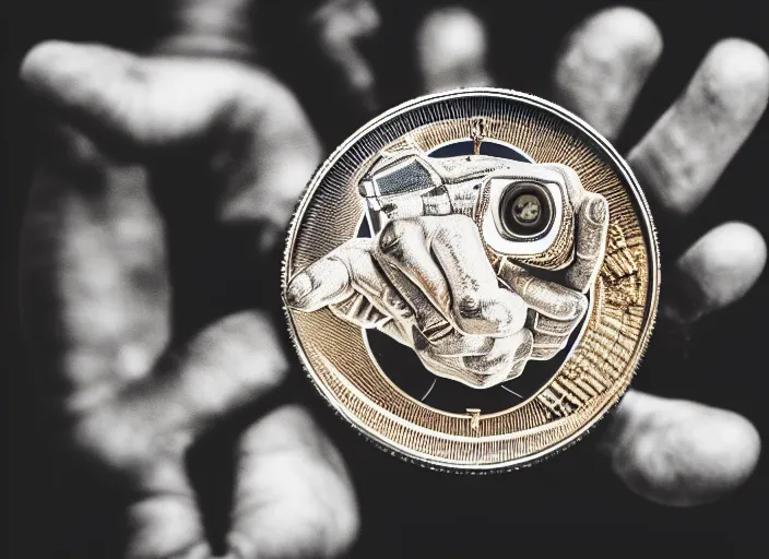 Image similar to cyborg hands holding a coin worth 1 human soul to be traded in hell. centered. horror cyberpunk dystopia style. highly detailed 8 k. intricate. nikon d 8 5 0 3 0 0 mm. award winning photography.