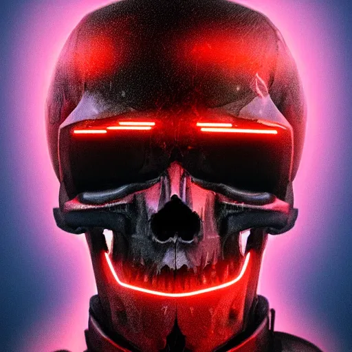 Prompt: full front face centered hyperdetailed portrait of a mecha skull ronin, 8k, digital painting, futuristic, black neon lights, trending on CG society